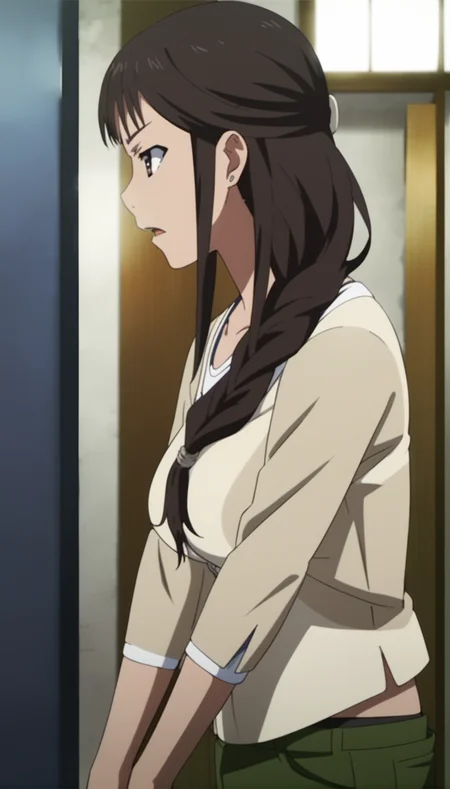 score_9,score_8_up,score_7_up,
<lora:MisatoSegawa:1>,
misato segawa,
1girl, solo, black hair, bangs, braid, brown eyes, serious face, parted lips, light brown top, long sleeves, black undershirt beneath, deep green pants, upper body, from side, leaning forward,
blurry background,bloom,lens flare,vignetting,indoors,