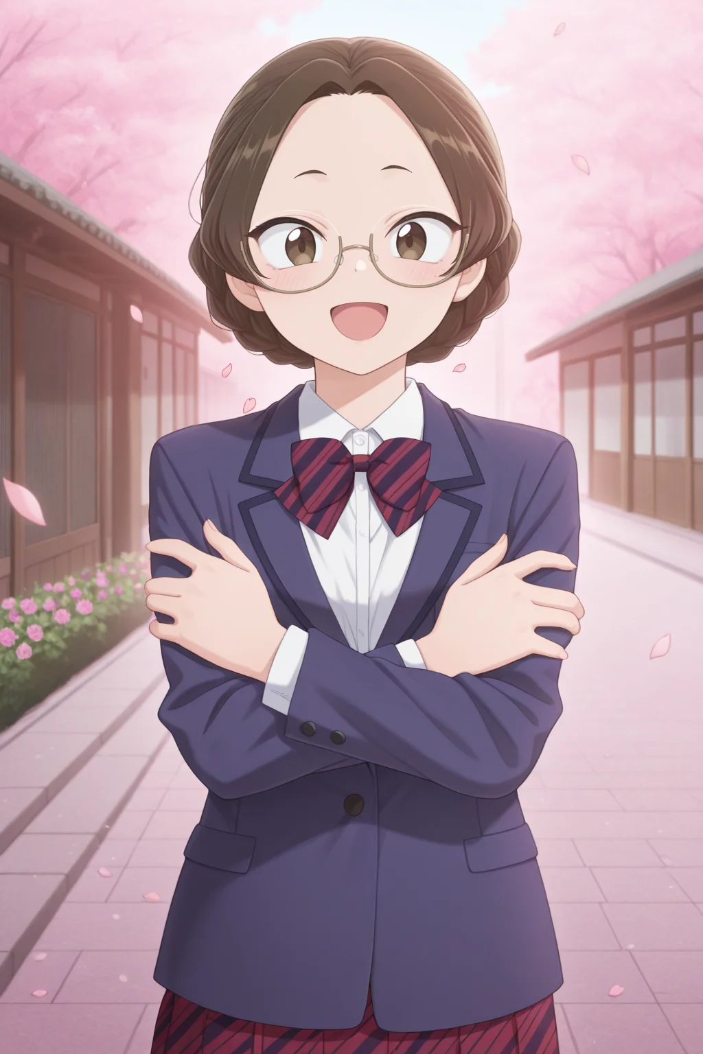 masterpiece, best quality, amazing quality, 1girl, k4t0um1kun1, short hair, brown hair, braid, brown eyes, glasses, school uniform, striped bowtie, blue jacket, white shirt, red skirt, aesthetic, outdoors, flowers, sakura petals, looking_at_viewer, happy, open_mouth, crossed_arms, standing