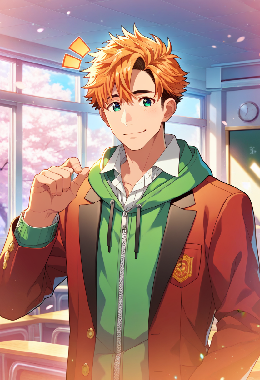 1boy, male focus, 
,((zPDXL)), score_9_up, score_8_up, score_7_up, score_6_up, score_5_up, score_4_up, best quality, amazing quality, best aesthetic, absurdres, year2023, uncensored, nsfw, official art, official style, depth of field, detailed eye,
 <lora:Character - StaOke - Takuto Akabane:0.8> green eyes, orange hair, takuto
indoors, window,  cowboy shot, 
classroom, standing, notice lines, noticing viewer, smile,  cherry blossoms, 
takutoschool, red blazer, green hoodie, hood,