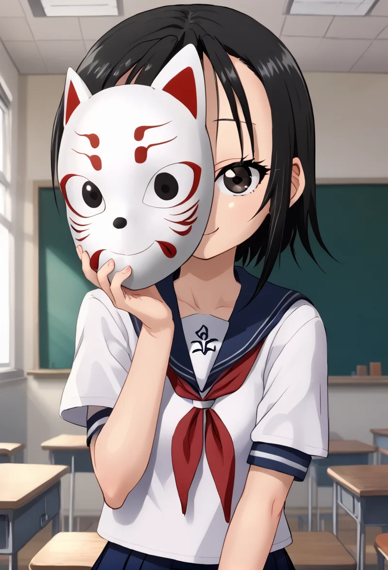 <lora:rindou:1> rindou, smile, solo, looking at viewer, white serafuku, red neckerchief, classroom, short sleeves, holding mask,