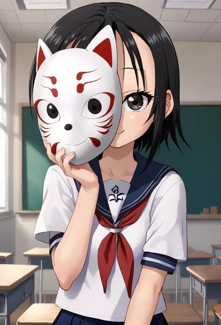<lora:rindou:1> rindou, smile, solo, looking at viewer, white serafuku, red neckerchief, classroom, short sleeves, holding mask,
