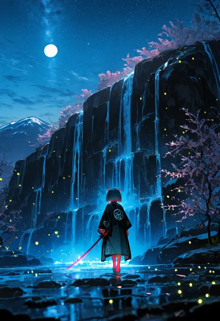 masterpiece, best quality, good quality, newest, highres, absurdres, uncensored,
BREAK 
detail background, very awa, absolutely eye-catching, (beautiful face), 
BREAK
amazing quality, best quality, ultra-detailed, 8K, illustration, CG, ultra-detailed-eyes, cute girl, eyelashes
BREAK
(sexy, slutty, hot, aroused) (only girl, solo foucus)
Aka-Oni, oni, colored skin, red skin, smooth horns, black horns, 
BREAK 
black haori, overcoat, japanese clothes, cherry blossoms, mountains, meadows, scenery, blue skies, clouds, summer, bosstyle, fantasy, night, starry sky, light particles, fireflies, moon, waterfall, facing away, holding sword, planted sword, katana, hands on sword,cinematic, epic, official art, bloom,
(by yoneyama mai, rolua, roitz \( roitz \):1.25), colored lines, floral background, petals,