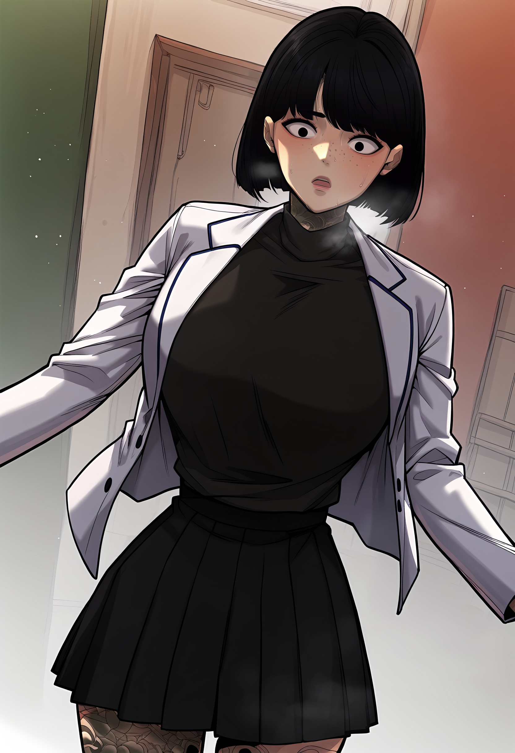 score_9, score_8_up, score_7_up, score_6_up, source_anime, rating_explicit, <lora:neg4all_bdsqlsz_V3.5:2.0>1girl, (solo:1.2), huge breasts, <lora:LeeJihyunponyxl:1> black hair, black eyes, short hair, freckles, bob cut, tattoo, neck tattoo, white jacket, turtleneck, black shirt, long sleeves, arm tattoo, pleated skirt, black skirt, leg tattoo, surprised, parted lips, Narrow shoulders, sweat, heavy breathing, steaming body, street, outdoor