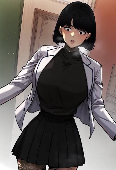 score_9, score_8_up, score_7_up, score_6_up, source_anime, rating_explicit, <lora:neg4all_bdsqlsz_V3.5:2.0>1girl, (solo:1.2), huge breasts, <lora:LeeJihyunponyxl:1> black hair, black eyes, short hair, freckles, bob cut, tattoo, neck tattoo, white jacket, turtleneck, black shirt, long sleeves, arm tattoo, pleated skirt, black skirt, leg tattoo, surprised, parted lips, Narrow shoulders, sweat, heavy breathing, steaming body, street, outdoor