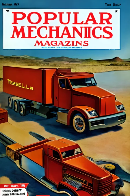 popularmechanics magazine cover showing the (Tesla Truck), high quality, high resolution scan, intricate detail  <lora:hjpopularmechanics_v10:0.8>