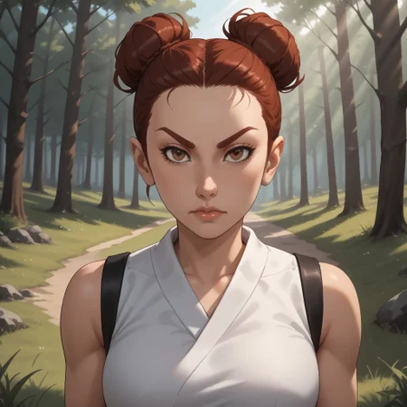 score_9, score_8, BREAK, solo, wii, mii, wii sports, female mii, 1girl, dark red hair, dark red eyebrows, brown eyes, single hair bun, black gi, black gi pants, sandals, nintendo mii, modern_mii, classic_mii, breasts, Shin_Elisa_(OC_Mii), demon girl, dark skin, rope belt, sleeveless gi, sexy pose, outdoors, sunlight, shadows, evening lighting, natural lighting, forest, trees, grass, orange sky, sunset
