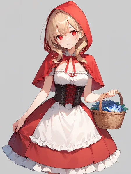 score_9, score_8_up, score_7_up,source_anime, high res image,masterpiece,best quality,girl,cute face,clear skin,shiny hair,ultra detailed eyes,simple background, <lora:Little Red Riding Hood_pony_V1.0:0.8> little red riding hood, red dress, basket, skirt, corset , frills,