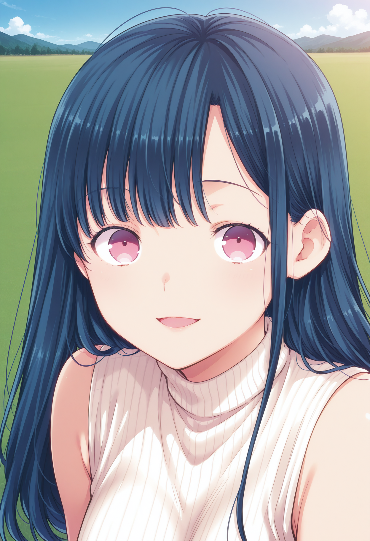 kanemochi_shori, pink eyes, purple eyes, blue hair, long hair, bangs, turtleneck, white sweater, ribbed sweater, sleeveless, <lora:kanemochi_shori_illustrious_ver1:0.8> 
smile,, masterpiece, best quality, sensitive,, 1girl, solo, blue sky, (grasslands:1.2), looking at viewer,, (upper body:1.2), (close-up:1.2), (facing viewer:1.2), (open eyes:1.4), (portrait:1.2)