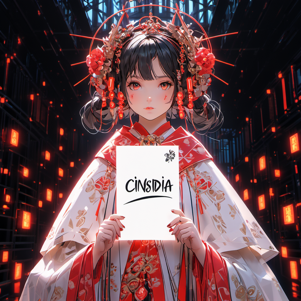 One girl held a blank piece of paper with Cinsdia written on it  <lora:C_projection_holographic_display:1>