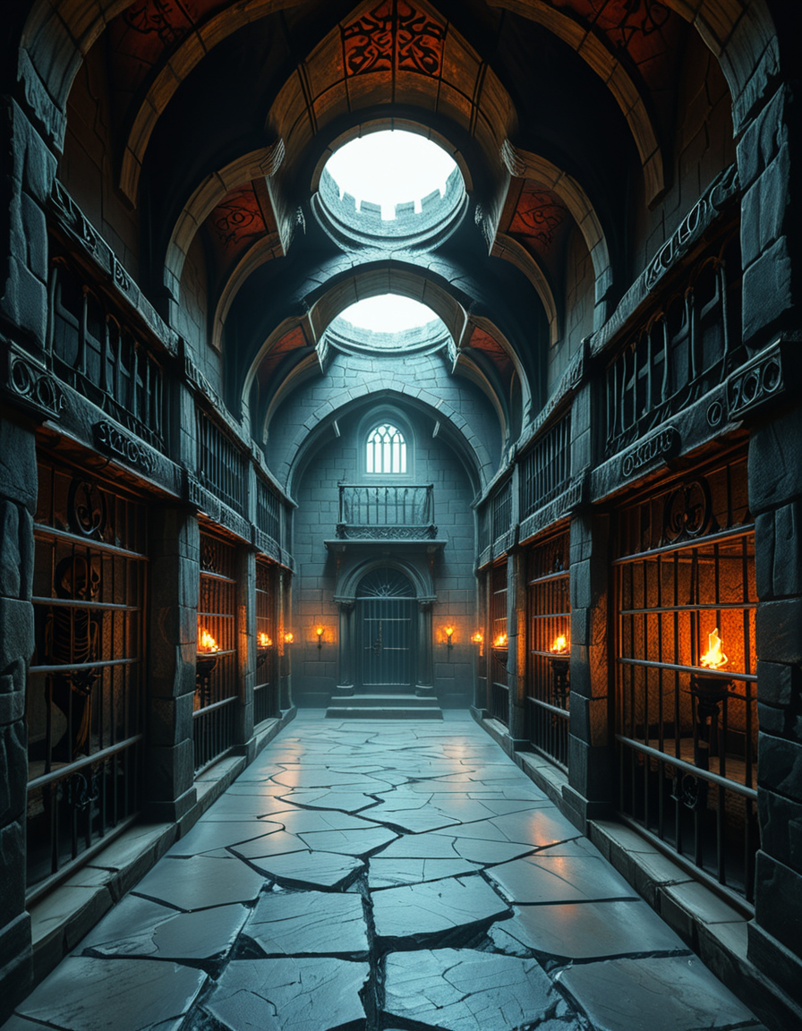 Deep within the necromancerâs fortress lies the Cell Block of the Damned, an endless crypt of imprisonment where no living beings resideâonly echoes of suffering and the restless remains of those long forgotten. The architecture is grotesque and unnatural, a fusion of blackened stone, rusted iron, and calcified bone, as if the walls themselves were formed from the fused remains of the dead. The air is cold, stale, and thick with an unnatural mist that coils like spectral fingers along the cracked floor.
Endless rows of iron-barred cells line the cavernous chamber, their interiors cloaked in unnatural darkness. Some cells contain skeletal figures, shackled in rusted chains, their hollow eye sockets glowing faintly with eerie green or crimson light. Others house shadowy wraiths, their indistinct forms flickering like dying embers, bound by ancient runes etched into the very fabric of the stone. A few cells appear completely empty, yet whispers emanate from withinâechoes of prisoners that no longer exist, but whose agony remains imprinted upon reality itself.
The walls pulse faintly, veins of necrotic energy coursing through their surface, feeding upon the despair and suffering trapped within. Chains dangle from the ceiling, some still swinging slightly as if disturbed by unseen forces. Along the floor, pools of black ichor seep from cracks in the stone, shifting unnaturally as if alive, swallowing anything that lingers too long.
At the heart of the chamber stands a monolithic iron cage, its bars twisted and gnarled, as though shaped by something with no regard for natural law. Inside, a shifting mass of bone, spectral energy, and dark mist writhes in eternal torment, its presence a gravitational wound in reality itself. The cage hums with an ominous resonance, its locks sealed with infernal sigils that glow with unholy fire, ensuring that whatever lurks within remains containedâfor now.
Above, an ancient stone archway looms, inscribed with ever-changing runes that bleed a slow, black liquid. Beyond it, the corridor stretches endlessly, shrouded in a choking fog where shapes move in the distance, watching, waiting. No footsteps ever echo in this place. No voices call out. Only the whispers of the forgotten, the endless creaking of rusted metal, and the sensation that somethingâsomething old, something hungryâis always watching.
This is not a prison.
It is a tomb for souls, a place where the dead are left to fester, to wither, and to become something else.
Style & Mood :
- Dark fantasy, gothic horror, necromantic aesthetics
- Cinematic, highly detailed, eerie lighting
- Infernal atmosphere, filled with shadows, glowing runes, and spectral entities
- Inspired by the works of ZdzisÅaw BeksiÅski, H.R. Giger, and dark medieval occultism
 <lora:SDXLFaeTastic2400:0.4> <lora:extremely_detailed:0.4> extremely detailed,<lora:necromancer_c3ll_bl0ck:1>,necromancer c3ll bl0ck, Masterpiece,best quality,hi res,8k,hi res,8k,award winning,(sharp focus, intricate, highly detailed),