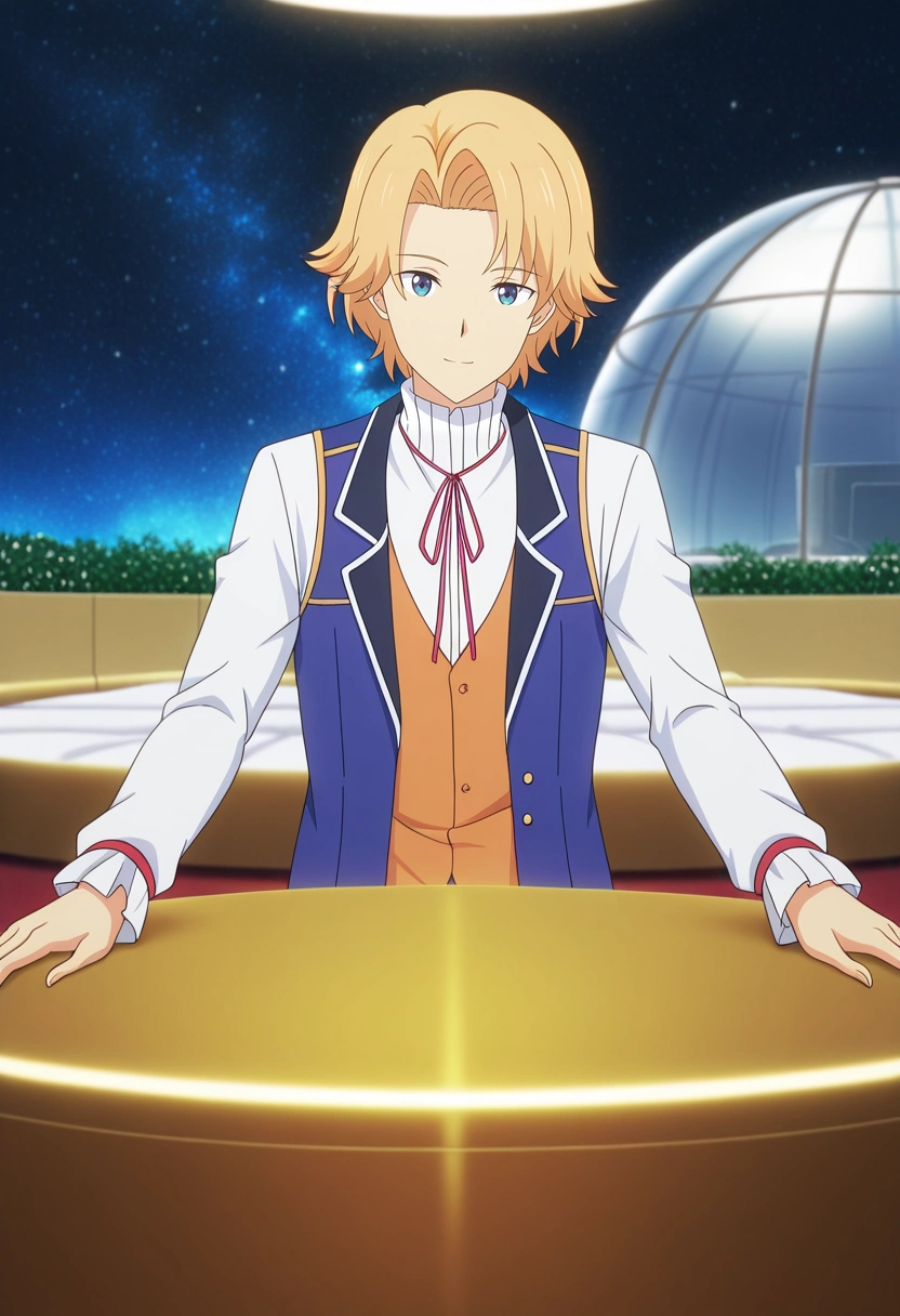 masterpiece, best quality, intricate details, anime screencap, , , looking at viewer, 1boy, solo, male focus, <lora:august_von_earlshide_ilxl:0.9>, august_von_earlshide, blonde hair, blue eyes, short hair, red ribbon, vest, white shirt, neck ribbon, space garden, star view, hydroponic beds, observation dome, tending pose, peaceful expression, space lighting, Seersucker pants, Embroidered Turtleneck sweater, Canvas sneakers, ,