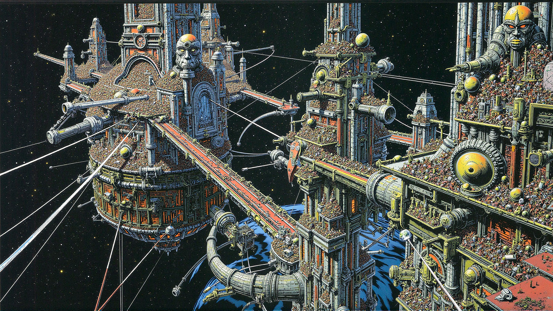 "A dystopian future where a vast, interconnected network of orbital stations circles a dying Earth. The stations are a mix of decaying ruins and high-tech facilities, connected by fragile-looking space bridges. The population lives in cramped, overcrowded conditions, struggling to survive as resources dwindle. A group of hackers works in the shadows, trying to bring down the corrupt corporations that control the stations. The artwork captures the bleakness of the setting, with a focus on the stark contrasts between technology and decay." <lora:metal_hurlant_v1:1.25>