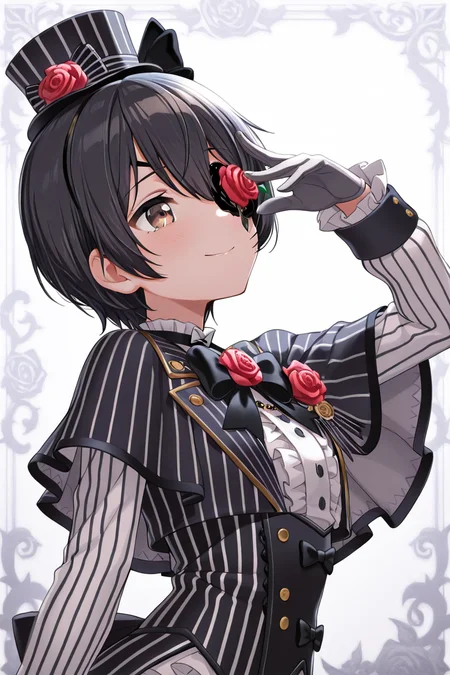 masterpiece, best quality, amazing quality,
 <lora:Aoi_IL:1> aoi, 1girl, solo, gloves, hat, flower, short hair, black hair, smile, mini hat, eyepatch, bow, long sleeves, bowtie, striped, rose, capelet, bangs, top hat, frills, black bow, brown eyes, one eye covered, black bowtie, from side