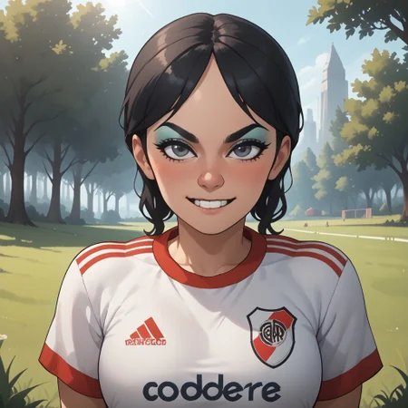 score_9, score_8, BREAK, solo, mii, wii, black hair, big nose, half-tree shaped nose, gray eyes, black eyebrows, makeup, blue eyeshadow, blush, buck tooth, RiverPlate, striped shirt, striped, shirt, white shirt, short sleeves, clothes writing, sportswear, soccer uniform, black leggings, big breasts, 1girl, wii sports, female mii, shoes, Eva_(\Wii_Sports\), Nintendo Mii, modern_mii, classic_mii, attractive, sexy pose, self portrait, smile, outdoors, sunlight, shadows, evening lighting, natural lighting, forest, trees, grass, orange sky, sunset