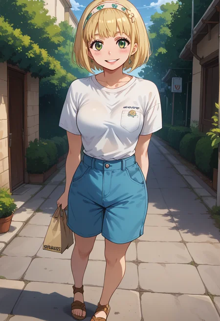 score_9, score_8_up, score_7_up, highres, 18yo, high res image, source_anime, masterpiece, 1girl, solo, detailed face, detailed eyes, eyes half open, <lora:MoriyamaShiemi:1>, moriyamashiemi, shiemi, blonde hair, short hair, blunt bangs, green eyes, blush, smile,happy, parted lips, headband,arms behind back, outdoors,Oversized linen shirt, paperbag waist shorts, chunky sandals