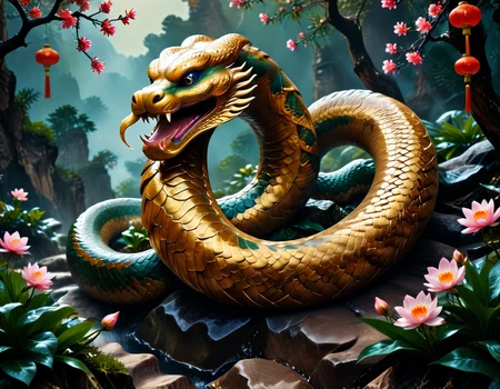 	In the depths of an enchanted forest in China, a giant serpent, symbol of the Year of the Snake, emerges majestically. Its scales shimmer like jewels under the sun's rays, blending vibrant green and gold. The villagers, fascinated, gather to admire this mystical creature, believing it brings wisdom and prosperity. The serpent, guardian of ancient secrets, slowly winds around the mountains, leaving behind a trail of blooming flowers and promises of abundance. During the full moon, it will dance to the rhythm of drums, turning the night into a celebration of renewal and harmony, uniting everyone in tradition