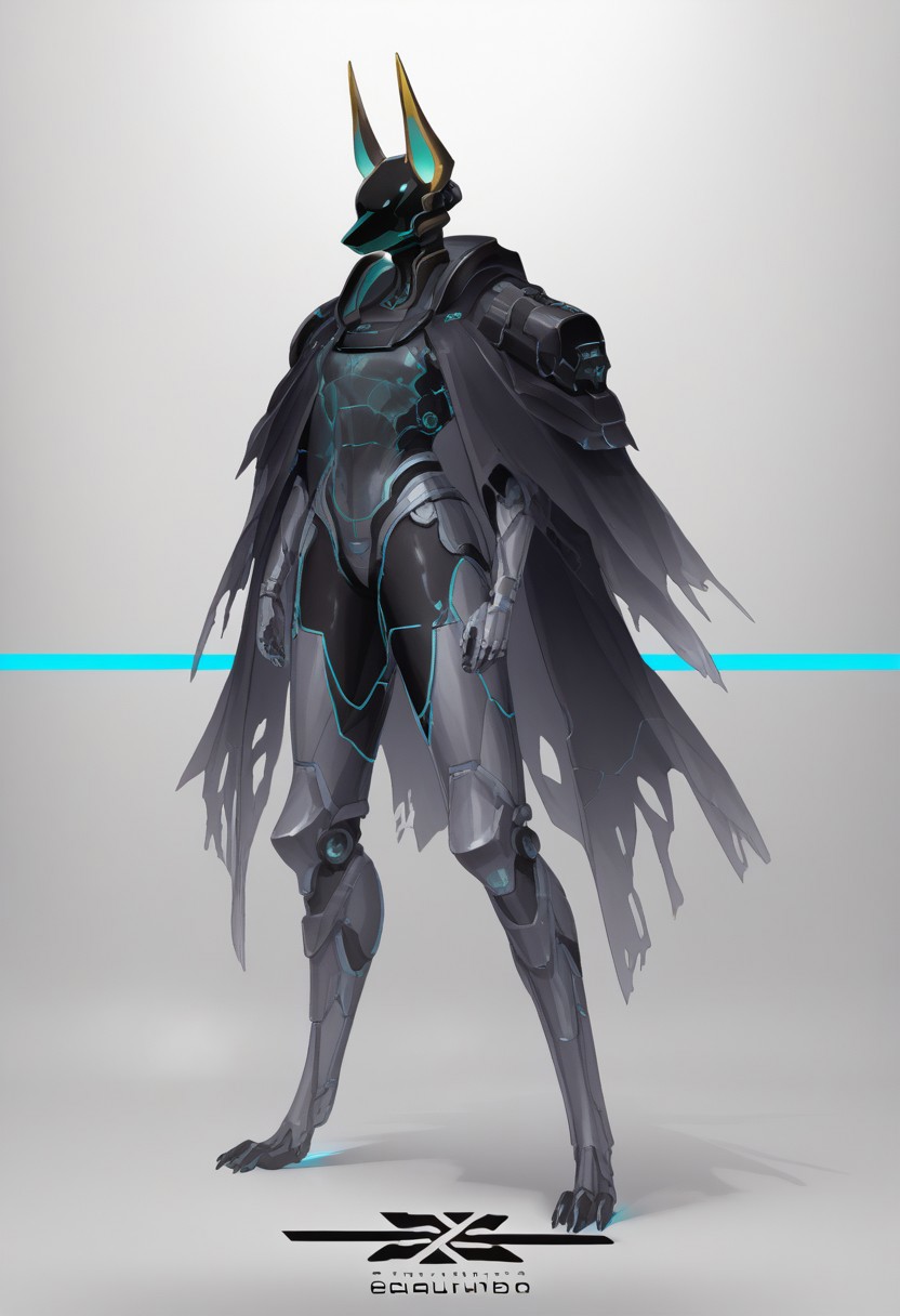 female(((jackal Anubis robot)))(stunning, magnificent, HD, photorealistic, dramatic lighting, intricate details, armor beautiful patterns, realistic , mythical, legendary, powerful, cinematic,, masterpiece, perfect anatomy, perfect composition, perfect hand, (beautiful detailed eyes:1.2), (soft colors)) , glowing blue core on armor, armor highly detailed patterns on armor), torn cloak , full body fits into the image, full body visible, ), claws, gauntlet, igital illustration of a futuristic, armored humanoid figure. The subject is dressed in a highly detailed, dark, and bulky exosuit with intricate mechanical components and white accents. The suit features various textures and layers, including a cloak-like garment with angular, geometric shapes. The figure's head is adorned with a helmet that has two antenna-like protrusions and a visor, giving it a robotic appearance. The suit has several logos and text in white, including a prominent circular emblem on the chest and arm. The overall design is sleek and modern, with a strong emphasis on technology and advanced