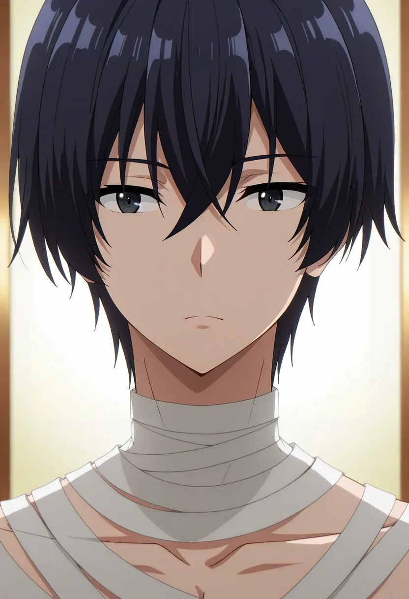 masterpiece, best quality, , anime screencap, , ,, 1boy, solo, male focus, <lora:cid_kagenou_ilxl:0.9>, cid_kagenou, black hair, short hair, hair between eyes, bangs, black eyes, , mummy costume