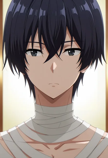 masterpiece, best quality, , anime screencap, , ,, 1boy, solo, male focus, <lora:cid_kagenou_ilxl:0.9>, cid_kagenou, black hair, short hair, hair between eyes, bangs, black eyes, , mummy costume