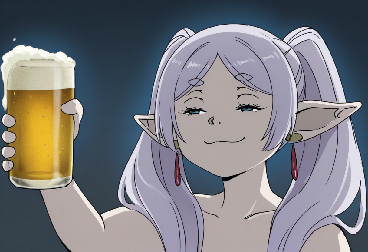 (masterpiece, high quality, amazing detail), highres, you can just give this kind of thing to men and they will be thrilled (meme), 1girl, aura (sousou no frieren), smug, holding, beer, <lora:you_can_just_give_this_kind_of_thing_to_men_and_they_will_be_thrilled_meme-06:1>