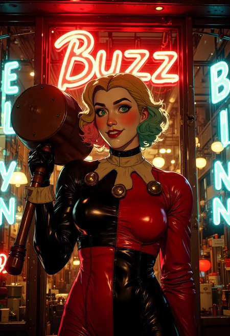 Harley Quinn standing in front of a store window, illuminated by the bright neon lights. She has short, curly blonde hair, while her left hair section is colored cyan and her right hair section is colored pink. She is wearing a shiny, classic Harley Quin red and black costume. Her pose is relaxed yet confident. Her facial expression is serene and slightly dreamy, with a burst out hilarious laughter. Her left eye is winking, and mouth are open in a very big, creepy insane laugh. She is standing with her body slightly angled towards the camera, creating a dynamic and engaging pose. Her right hand is holding a large classic giant wooden mallet with an intimidating stance. The heavy head of mallet resting against her left shoulder, creating a diagonal line across her upper body. This posture adds a sense of natural grace and ease to the image. The camera is positioned at eye level, capturing the subject from a frontal perspective. The framing is such that the woman is centered in the image, with the store window and neon signs providing a colorful backdrop. The background features a store window with the word "Buzz" written in neon lights. The brick wall of the building provides a textured backdrop, complementing the smooth surfaces of the neon signs. The composition is well-balanced, with the subject positioned centrally and the neon signs framing her from both sides.