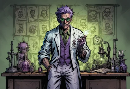 mad-mecharm, comicish artwork in dgst artstyle, Mad scientist, laboratory, (Manic laughter:1.7), crazy, Lightning, Experimenting, standing behind desk, (Purple:1.1), (green:1.1)