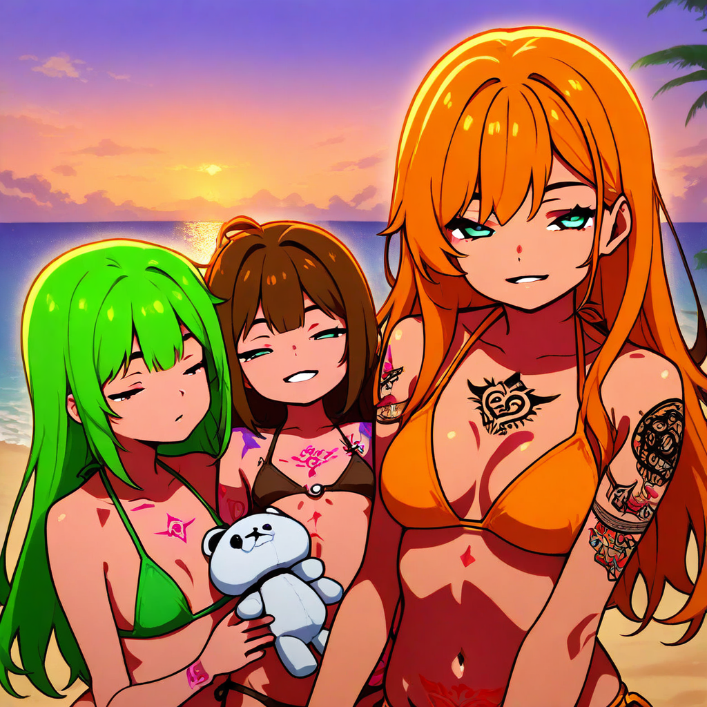 bikini, outdoors, brown hair, cadmium orange hair, tangerine orange hair, green hair, sky, Mid-closed eyes, stuffed toy, tattoo, Looking at viewer