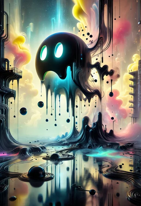 DonM5h4d0wM317XL, In a whimsically haunting scene, a digital giant Pac-Man materializes in a tilt-shift photograph. The main subject is a translucent figure with glitching pixels, floating above a miniature cityscape. The image, a digital painting, captures Pac-Man in vivid detail - ethereal wisps of code swirling around its form, glowing eyes reflecting bits of data. The high quality of the image allows for intricate details of Pac-Man's pixelated essence to shine through, creating a truly mesmerizing and otherworldly visual experience. (Masterpiece:1.2), 8K, perfect symmetry, UHD, ultra resolution, best quality, best details, best artist, sharp edges, detailed textures, full view, atmospheric lighting, visually stunning, perfect composition, trending on behance