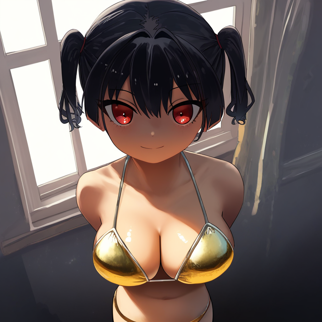 score_9, score_8_up, score_7_up, score_6_up, source_anime, BREAK, 1girl, solo, (( <lora:sasaki_kanna:1> , sasaki_kanna, piercing red eyes, clear eyes, bright pupils, beautiful eyes, beautiful black hair, short twintails, bangs, left side ponytail, thin waist, wide hips, beautiful skin, huge and shaggy breasts, short busty woman, natural beauty, extraordinary beautiful woman, attractive woman, super sexy woman, lustful body, sexy woman with seductive obscene body, sensual body, voluptuous body, sexy beauty, )) , ((sexy yellow bikini top with white edge, sexy yellow bikini bottom with white edge, red hair ties, )) , indoors, shiny clothes, shiny skin, night club, erotic bar, classy decorations, cowboy shot, from above, looking at viewer, hands behind back, (detailed face, detailed eyes), delicate features, soft lighting, seducative smile, cute and sexy, very detailed, high detailed texture, uncensored, rare view, light makeup,