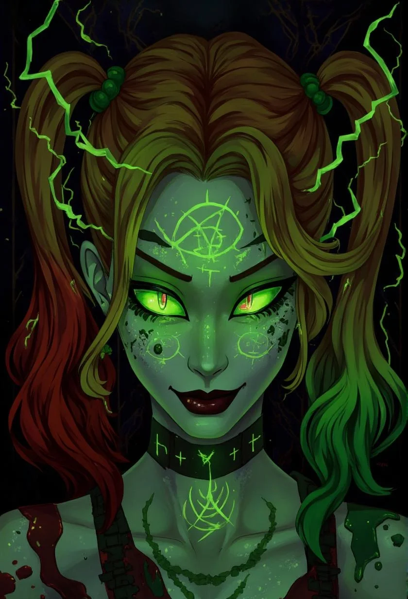 <lora:ck-LttleGhost-000011.safetensors:1> in the style of ck-lttlegh0stThe portrait print reimagines Harley Quinn through a lens of dark magic. Her green-tinged red hair and bold, accented makeup give off an aura of malevolent intent. Glowing emerald eyes seem to pulse with energy as intricate runes dance across her face, imbuing the subject with an air of mystical menace.