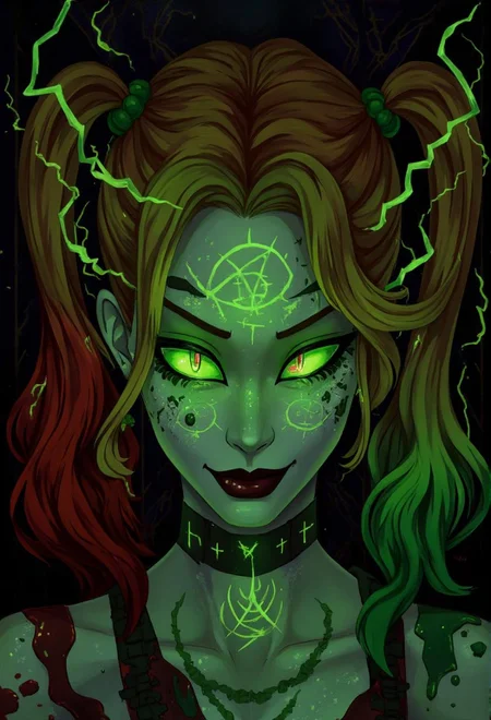 <lora:ck-LttleGhost-000011.safetensors:1> in the style of ck-lttlegh0stThe portrait print reimagines Harley Quinn through a lens of dark magic. Her green-tinged red hair and bold, accented makeup give off an aura of malevolent intent. Glowing emerald eyes seem to pulse with energy as intricate runes dance across her face, imbuing the subject with an air of mystical menace.