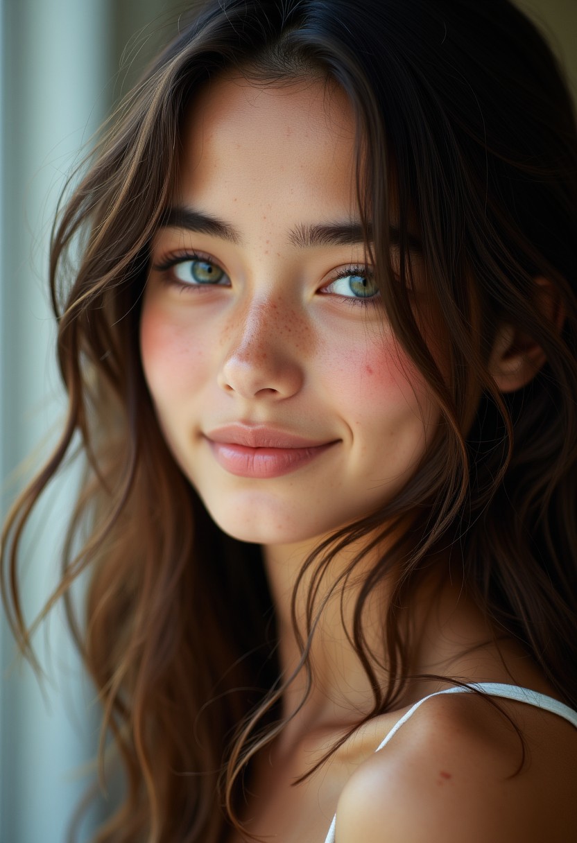 A stunning teenage girl with flawless model-like facial features, flawless light pale skin, and large captivating eyes, cinematic lighting, photoshoot, smirking, shallow depth of field, bokeh