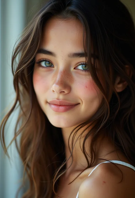 A stunning teenage girl with flawless model-like facial features, flawless light pale skin, and large captivating eyes, cinematic lighting, photoshoot, smirking, shallow depth of field, bokeh