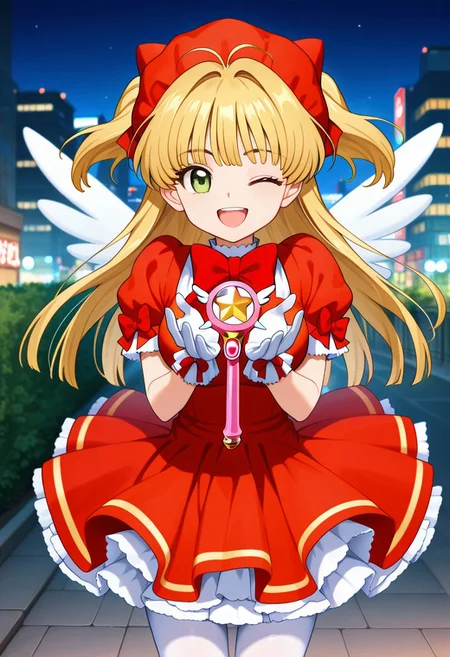 masterpiece, best quality, amazing quality,source_anime, rating_explicit, (embedding:zPDXLxxx:1), Perfect Hands BREAK (girl:1.2), (little:1.2), Jougasaki_Rika, 1girl,solo,blonde_hair,(long_hair:1.3),two-side_up,green_eyes,1girl, solo, breasts,large breasts,navel,open mouth, smile, upper teeth only, one eye closed, standing, looking at viewer, cowboy shot, blurry background, city,night,outdoors,<lora:Rika_Jougasaki_Pony:1>,Kinomoto_Sakura,
<lora:Sakura:1>,magical_girl, white_gloves, red_dress, puffy_sleeves, red_bow, white_pantyhose, frills, red_headwear, white_wings,hands on magic wand