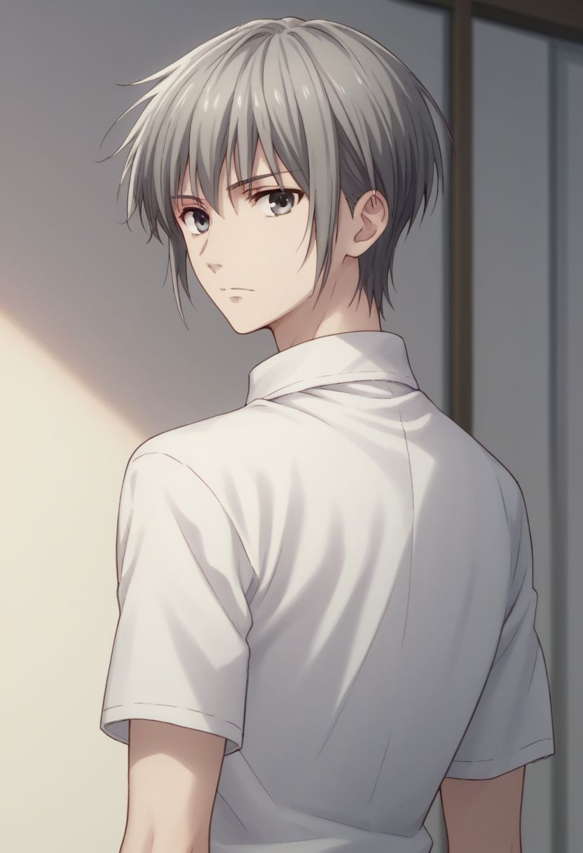 score_9, score_8_up, score_7_up, source_anime, highly detailed, 1boy, solo, male_focus, 
yuki_sohma, 1boy, male focus, solo, grey hair, grey eyes, looking at viewer, shirt, looking back, white shirt, short sleeves,