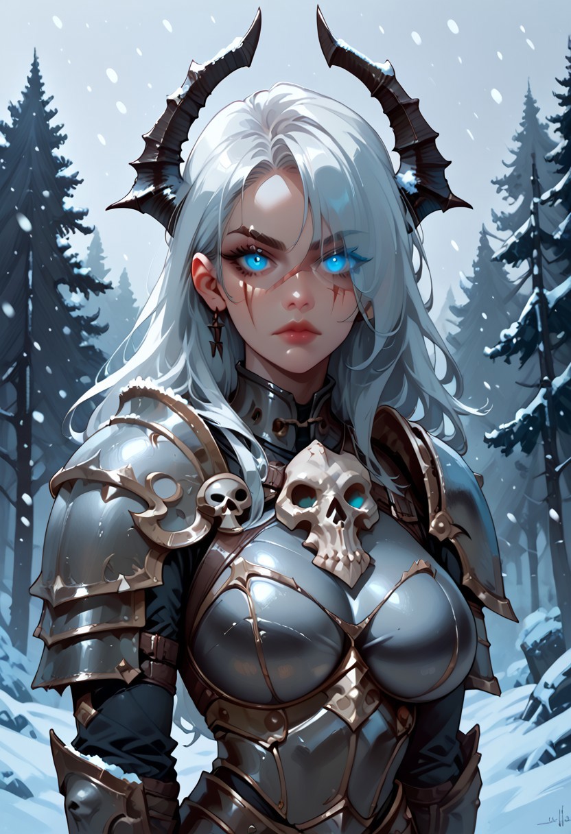 1girl, armor, scar, solo, scar on face, white hair, long hair, hair over one eye, looking at viewer, blue eyes eyes, glowing eyes, outdoors, upper body, deathknight,armored,skull,glowing eyes,snowing,skulls, armour, dark armor, skull themed armor, breastplate, large breasts, shoulder armor, tree, makeup, lip gloss, day, scar across eye, sky, , cloud, , shoulder plates, pauldrons, breasts, nature, eyelashes, scar on nose, scar on cheek, closed mouth, forest, blue sky, one eye covered
,  <lora:Ri-MIX_A_Illustriousv2-000009:1> rimixa,, looking at viewer,, , score_9, score_8_up, score_8_up,  <lora:add-detail-xl:1>,deathknight style,snowing,<lora:deathknightsyleXL_v1-step00000400:0.8>
