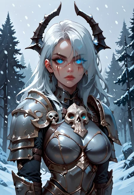 1girl, armor, scar, solo, scar on face, white hair, long hair, hair over one eye, looking at viewer, blue eyes eyes, glowing eyes, outdoors, upper body, deathknight,armored,skull,glowing eyes,snowing,skulls, armour, dark armor, skull themed armor, breastplate, large breasts, shoulder armor, tree, makeup, lip gloss, day, scar across eye, sky, , cloud, , shoulder plates, pauldrons, breasts, nature, eyelashes, scar on nose, scar on cheek, closed mouth, forest, blue sky, one eye covered
, <lora:Ri-MIX_A_Illustriousv2-000009:1> rimixa,, looking at viewer,, , score_9, score_8_up, score_8_up, <lora:add-detail-xl:1>,deathknight style,snowing,<lora:deathknightsyleXL_v1-step00000400:0.8>