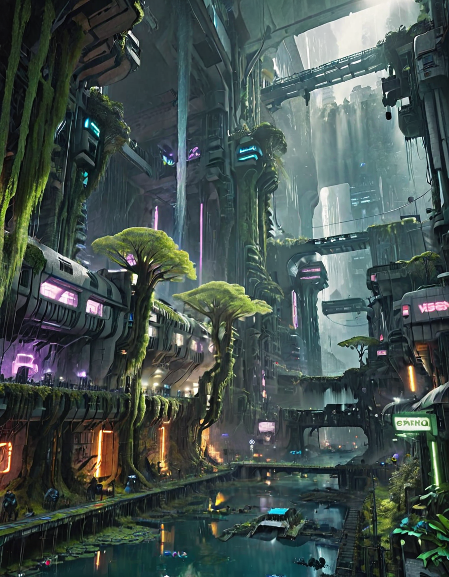 <lora:SWL_Underground1xlb:1> photo of vertical eco-arcology, flooded futuristic canyon, massive trees growing through structures, neon accents, floating homes, moss-covered buildings, overgrown cyberpunk utopia, elevated walkways, sunlight through mist, lush vegetation, bioluminescent plants, cinematic lighting, towering green city, nature and technology blend, detailed, photorealistic, epic scale,