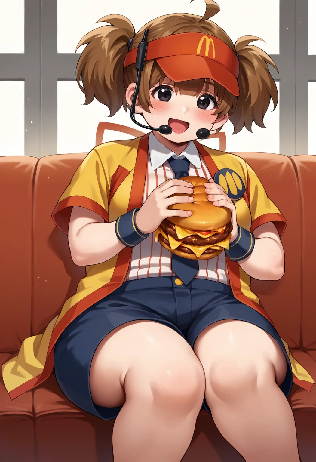 score_9, score_7_up, hd, (ultra hd quality details), source_anime, indoors,
1girl, solo, dctabemi, brown hair, short twintails, ahoge, black eyes, plump, medium breasts,
dctabemi, brown hair, short twintails, ahoge, black eyes, visor cap, headset, jacket, open jacket, short sleeves, necktie, white shirt, striped shirt, collared shirt, blue shorts, wristband, bandaid on knees,
blush, smile, + +, looking down, tongue out, open mouth,
sitting, holding burger, thick thighs,
<lora:_dabuchi_tabemi-elesico-pony-000009:1>