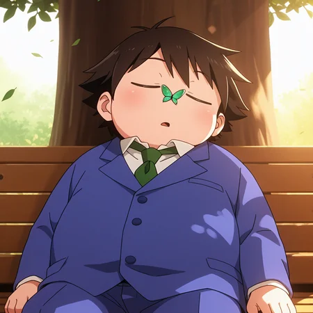 (deep contrast, luminous lighting, cinematic ambiance, best quality, colorful, masterpiece, detailed_background), (sanpaku), BREAK <lora:haruhi-v2:1> (awharuyukia), (aged_up:0.5), chubby, 1boy, school uniform, blue blazer, under tree, sunlight, sitting, sleeping, butterfly_on_nose, falling_leaf,