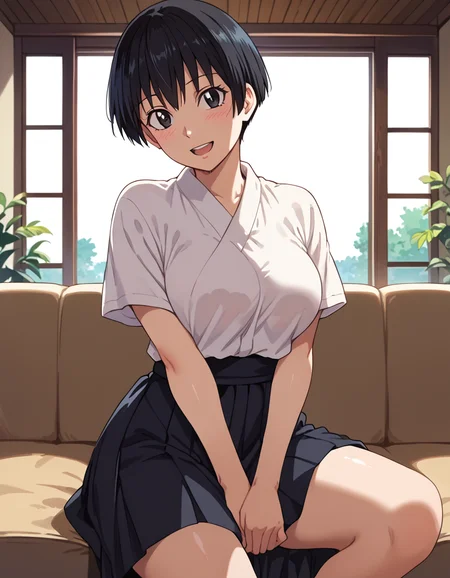 score_9, score_8_up, score_7_up, source_anime, anime screencap, anime coloring, masterpiece, best quality, uncensored, 1girl, solo, (cowboy shot:1.2), satomi manabe, short hair, large breasts, black eyes, black hair, white dougi, short sleeves, black hakama, <lora:Manabe Satomi_Hajirai Body_Pony:0.9>, (from side), leaning forward, sitting, v arms, arms between legs, indoors, spread legs, wide spread legs, living room, on couch, couch, looking at viewer, (nervous smile), open mouth, blush, cute face, shiny body, shiny skin, (skindentation:1.2), clear skin, shiny hair, ultra detailed eyes, depth of field, sharp, (intricate details, hyperdetailed:1.15)