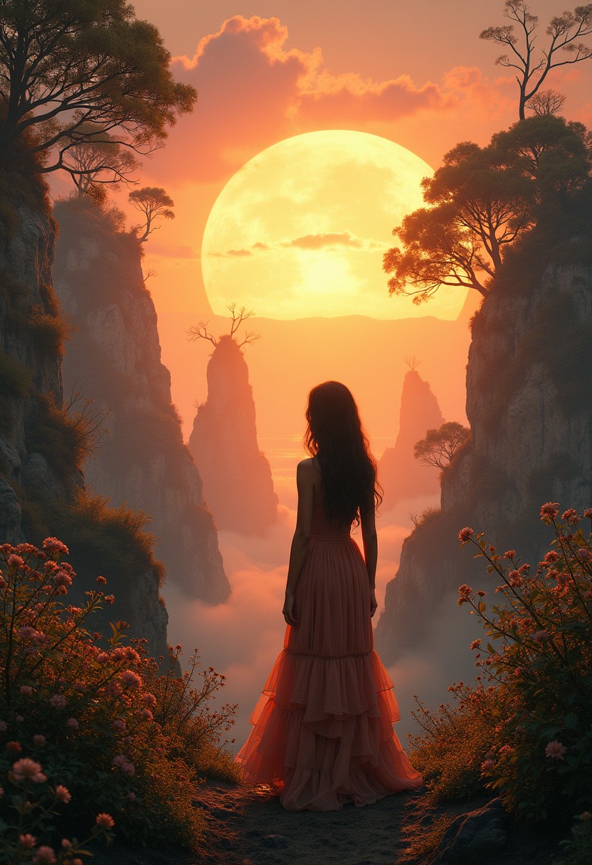 best quality, masterpiece, woman stands at the dreamy landscapes, close-up , where mathematical precision competes with the variability of real nature and the plant world, mechanical creatures coexist next to natural creatures, logical straight lines come into contact with the variability of natural curved lines, sensuality borders on logic and severity, temptation and lust with prudence, beauty strives outward, buildings and architecture with bizarre outlines and strange structures, unimaginable trees and flowers, atmosphere and sense of wonder and clarity, scifi futuristic and antiquity, rustic and futurism, time of a stunning sunset, light particles, gravity ignoring , impossible buildings and landscapes, golden hour, backlight, rim light, (streaking lights:1.2), smooth motion, (ethereal atmosphere:1.2), (light painting:1.2), creative expression, time manipulation, (surreal effects:1.4), captivating visuals, artistic interpretation, immersive experience, unique perspective
