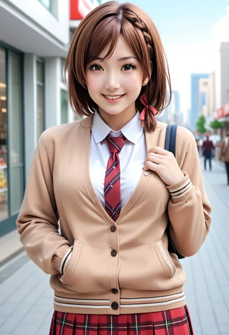 Japanese girl, photorealistic, beautiful girl, sakuramori akane, 1girl, solo, looking at viewer, blush, smile, short hair, brown hair, shirt, long sleeves, ribbon, brown eyes, school uniform, hair ribbon, white shirt, braid, necktie, collared shirt, plaid skirt, cardigan, red necktie, side braid, one hand on chest, brown cardigan, pedestrian, cities shopping district, side view, proportional body, cowboy shot, slender body,