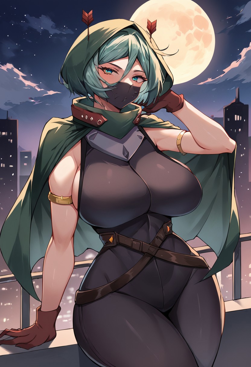 BREAK score_9, score_8_up, score_7_up, source_anime, 1girl, solo, Beros, (without a mask), huge breasts, wide hips, thick thighs, city, night, moon,