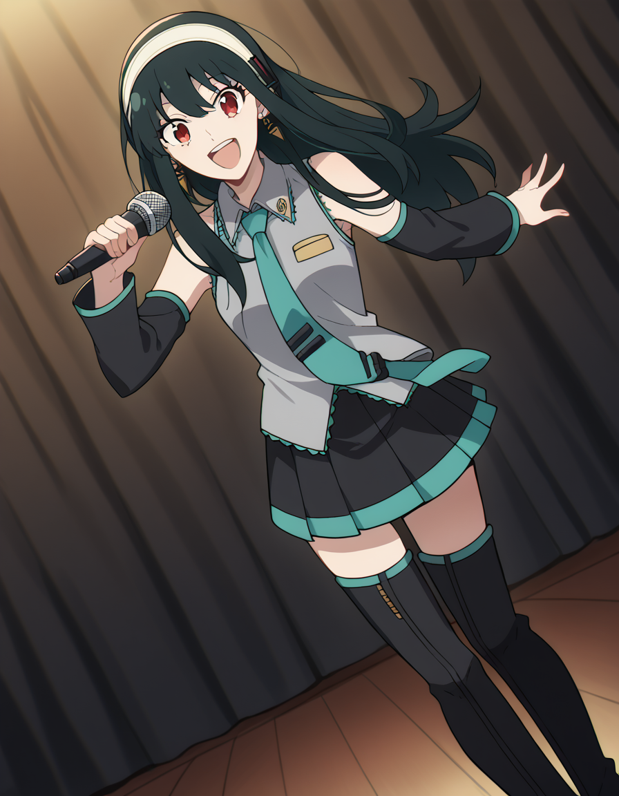score_9, score_8_up, score_7_up, source_anime, yorbriar, <lora:yor-briar-s1-ponyxl-lora-nochekaiser:1>, yor briar, black hair, red eyes, earrings, white hairband, hairband, long hair, sidelocks,, <lora:hatsune-miku-cosplay-ponyxl-lora-nochekaiser:1>, hatsunemikucosplay, hatsune miku \(cosplay\), aqua necktie, black footwear, black skirt, black sleeves, boots, collared shirt, detached sleeves, grey shirt, necktie, pleated skirt, shirt, skirt, sleeveless, sleeveless shirt, thigh boots, tie clip,, stage, stage lightings, singing, microphone, holding microphone, open mouth, smile,, cowboy shot, dutch angle,