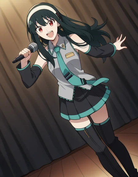 score_9, score_8_up, score_7_up, source_anime, yorbriar, <lora:yor-briar-s1-ponyxl-lora-nochekaiser:1>, yor briar, black hair, red eyes, earrings, white hairband, hairband, long hair, sidelocks,, <lora:hatsune-miku-cosplay-ponyxl-lora-nochekaiser:1>, hatsunemikucosplay, hatsune miku \(cosplay\), aqua necktie, black footwear, black skirt, black sleeves, boots, collared shirt, detached sleeves, grey shirt, necktie, pleated skirt, shirt, skirt, sleeveless, sleeveless shirt, thigh boots, tie clip,, stage, stage lightings, singing, microphone, holding microphone, open mouth, smile,, cowboy shot, dutch angle,