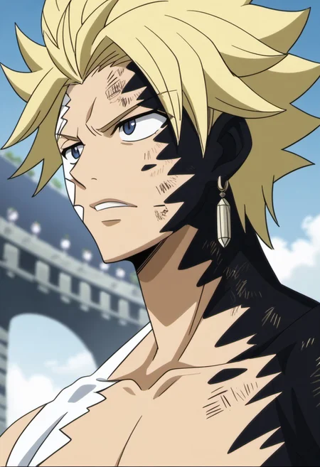 score_9, score_8_up, score_7_up, source_anime, rating_safe, StingFT, Sting drive blonde hair, light yellow Sting single earring, black-white Sting facepaint, black-white Sting bodypaint, 1boy, male focus, anime screencap,