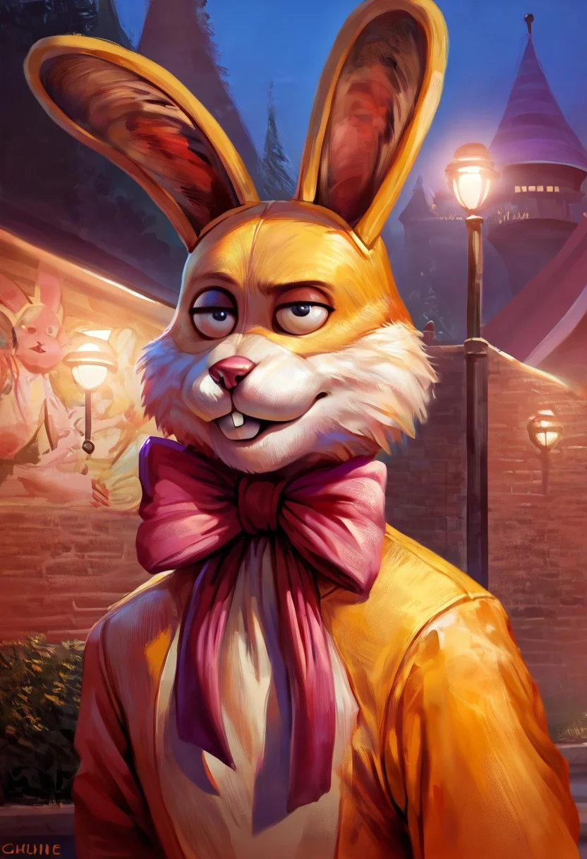 score_9, score_8_up, score_7_up, (luckytherabbit), source_furry, close-up, solo, (yellow fur, rabbit costume), (masterpiece, best quality:1.2), (perfect hands, perfect anatomy), (detailed face, detailed body), detailed background, purple bow, black eyes, beautiful eyes, male, correct eyes, solo, attraction, park, night, concept art, realistic
