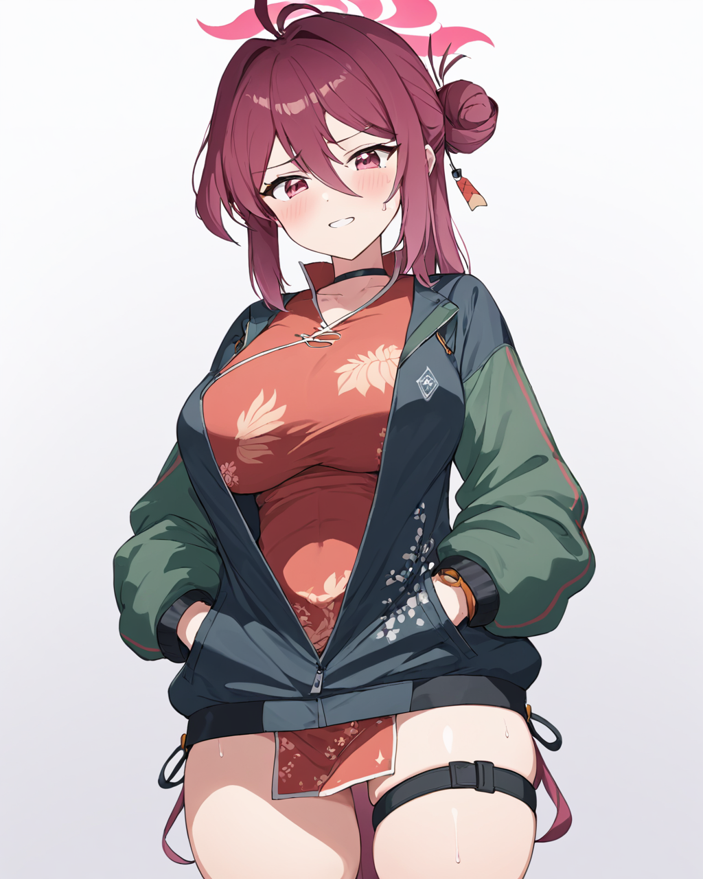 reijo \(blue archive\),1girl, solo, thigh_strap, halo, large_breasts, single_hair_bun, blush, white_background, simple_background, looking_at_viewer, ahoge, clenched_teeth, open_jacket, thighs, mole_on_thigh, long_sleeves, hand_in_pocket, bare_legs, sweatdrop, black_choker, black_jacket, phone, green_jacket, china_dress
<lora:reijo_(blue_archive)_image490_2023-12-03:1>halo. gorgeous,key visual, vibrant, studio anime,award-winning, professional, highly detailed,high budget, cinemascope