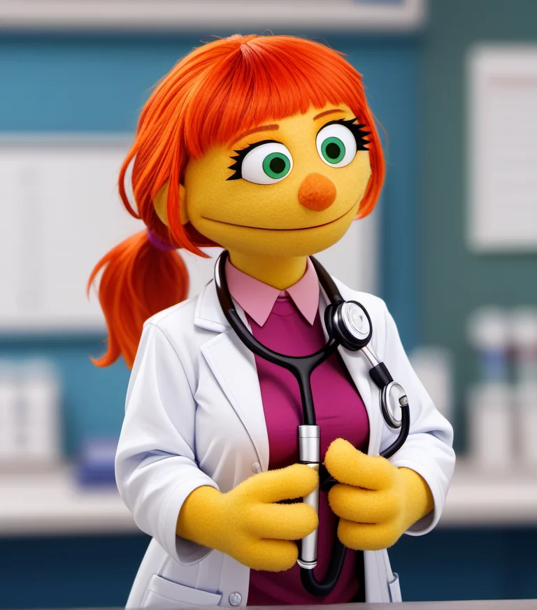 score_9, 1girl, solo, julss2, aged up, portrait, doctor, yellow skin, green eyes, colored skin, orange hair, ponytail, lab coat, smile, tie, stethoscope around neck, glasses, breasts, blurry background, four fingers, doctor's surgery, <lora:julss2-000009:1>,